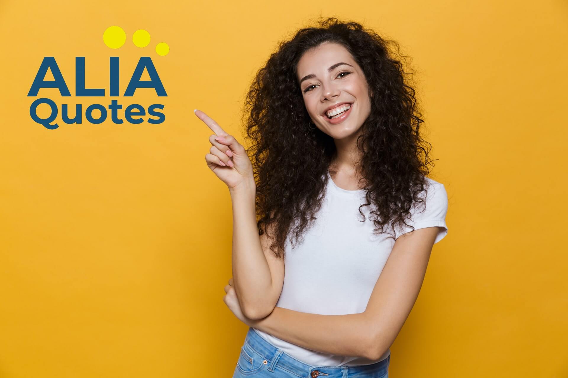 Young woman pointing toward the ALIA Quotes logo