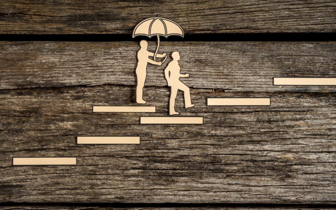 Illustration of a person holding an umbrella over another person representing life insurance coverage.